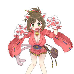 :d animal_ears animal_hands bag bell blush breasts brown_hair cat_ears cat_girl cat_tail chinese_hairpin claw_pose commentary_request facing_viewer fangs frills gloves green_eyes hair_ribbon handbag higurashi_aki idolmaster idolmaster_cinderella_girls japanese_clothes kemonomimi_mode kimono large_breasts looking_at_viewer maekawa_miku multiple_tails neck_bell open_mouth paw_gloves ribbon sash short_kimono simple_background skin_fangs smile tail two_tails uvula white_background