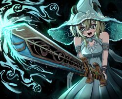 +_+ 1girl alternate_costume animal_ears armlet bare_shoulders black_background blonde_hair breasts casting_spell cleavage commentary dress english_commentary furrowed_brow green_dress green_eyes hair_between_eyes hat highres holding holding_sword holding_weapon jewelry light_blush magic medium_breasts medium_hair nimi_nightmare nimi_nightmare_(tapir) open_mouth signature solo sword tapir_ears tapir_girl teeth thick_eyelashes upper_teeth_only weapon wristband yume_(yume_ato29)