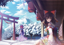 2girls alternate_costume blurry bow brown_eyes brown_hair depth_of_field detached_sleeves dinyc hand_fan female_focus folding_fan hair_bow hakurei_reimu hat japanese_clothes lantern miko mountain multiple_girls paper_lantern perfect_cherry_blossom pink_hair porch saigyouji_yuyuko short_hair sitting smile snow standing stone_lantern torii touhou veranda winter