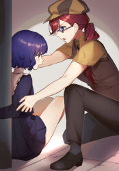 2girls absurdres black-framed_eyewear black_footwear black_pants black_socks blue_eyes blue_hair blue_shirt blue_skirt bound bound_arms brown_headwear brown_sweater_vest newsboy_cap collared_shirt commission from_side hat highres long_hair long_sleeves looking_at_another looking_down multiple_girls on_one_knee open_mouth original outstretched_arms pants pleated_skirt ponytail profile reaching red_eyes red_hair shirt short_hair short_sleeves sitting skeb_commission skirt socks sweater_vest tamafurin tearing_up two-tone_headwear yellow_headwear yellow_shirt
