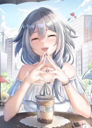 3girls absurdres black_hair black_nails blonde_hair blue_sky bracelet building casual closed_eyes closed_mouth cloud cloudy_sky facing_viewer heart herrscher_of_sentience highres honkai_(series) honkai_impact_3rd jewelry jingwei_(bird) kiana_kaslana kiana_kaslana_(herrscher_of_the_void) kiana_kaslana_(parasol_kaiserin) milk_tea multiple_girls nail_polish off_shoulder open_mouth outdoors parasol phone shirt sky smile solo solo_focus table umbrella white_shirt yilisi