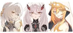 3girls bare_shoulders blonde_hair blue_eyes braid bright_pupils colored_extremities commentary cowlick detached_sleeves english_commentary eye_hair_ornament eye_symbol genshin_impact gradient_skin grey_eyes hair_between_eyes hair_ornament heterochromia highres hood istaroth_(genshin_impact) jesse_(pixiv34586727) long_hair looking_at_viewer multiple_girls orange_hair portrait rhinedottir_(genshin_impact) ronova_(genshin_impact) side_ahoge simple_background smile symbol-shaped_pupils upper_body veil white_background white_hair white_veil yellow_eyes