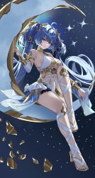 1girl absurdres ahoge ancient_greek_clothes bare_shoulders black_skirt blue_eyes blue_hair breasts commentary full_body gladiator_sandals gold_bra gradient_hair greco-roman_clothes head_wreath highres iuno_(wuthering_waves) jewelry long_hair looking_at_viewer medium_breasts miniskirt multicolored_hair parted_lips sandals showgirl_skirt skirt smile snikonp solo thighlet twintails underboob wuthering_waves