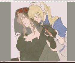 2girls apron art_program_in_frame axis_powers_hetalia black_veil blonde_hair breasts brown_hair cleavage closed_eyes dress flower_wreath france_(female)_(hetalia) genderswap genderswap_(mtf) glasses gloves grey_background hair_ornament hairclip holding_hands long_hair maid_headdress multiple_girls purple_eyes simple_background twintails united_kingdom_(female)_(hetalia) updo upper_body veil wafen_juemu yuri