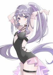 Rule 34 | 1girl, armpits, arms up, black collar, black one-piece swimsuit, breasts, casual one-piece swimsuit, center-flap bangs, chest jewel, collar, colored inner hair, commentary, covered navel, cutout above navel, double-parted bangs, dreamoon, from side, gem, hair flaps, heart, heart o-ring, highres, hololive, hololive english, holonatsu paradise, jewel under eye, koseki bijou, koseki bijou (holonatsu paradise), long hair, looking at viewer, multicolored hair, o-ring, o-ring collar, official alternate costume, official alternate hairstyle, one-piece swimsuit, pink hair, ponytail, presenting armpit, purple eyes, purple gemstone, purple hair, sidelocks, simple background, small breasts, solo, swimsuit, thigh strap, very long hair, virtual youtuber, white background