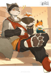 2boys absurdres animal_ears bead_necklace beads bowl chinese_commentary chopsticks claws closed_mouth commentary_request copyright_logo copyright_name crossed_arms fang fang_out fox_boy fox_ears furry furry_male highres holding holding_bowl holding_chopsticks jewelry lollipop_in_mouth looking_at_viewer male_focus milkybot multiple_boys necklace pawpads sitting smile sparkle tail taiqing_(threefold_recital) threefold_recital triratna_(threefold_recital) watermark weibo_watermark wolf_boy wolf_ears wolf_tail