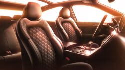 car_interior car_seat from_side glowing highres leather motor_vehicle no_humans non-web_source official_art orange_theme our_life:_beginnings_and_always patterned scenery skylight steering_wheel sunset warm_colored window_light