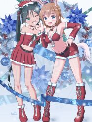Rule 34 | 2girls, animal ears, belt, black hair, blush, boots, bra, breasts, brown hair, cat ears, cat tail, charlotte e. yeager, christmas, dark-skinned female, dark skin, francesca lucchini, full body, highres, medium breasts, multiple girls, naruchisukisuki, one eye closed, rabbit ears, rabbit tail, santa costume, skirt, small breasts, standing, strike witches, tail, underwear, world witches series