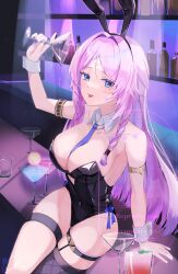 1girl absurdres adapted_costume animal_ear_hairband animal_ears arm_up bare_shoulders between_breasts black_leotard black_thighhighs blue_eyes blush braid breasts citlali_(genshin_impact) cleavage cocktail_glass collar collarbone commentary_request cup detached_collar drinking_glass facial_mark fake_animal_ears fingernails forehead_mark genshin_impact hairband highres holding holding_cup indoors large_breasts leotard long_hair looking_at_viewer marufus multicolored_hair nail_polish necktie necktie_between_breasts pink_hair pink_pupils playboy_bunny purple_hair purple_nails purple_necktie rabbit_ears single_thighhigh sitting solo strapless strapless_leotard thigh_strap thighhighs tongue tongue_out triangle triangle_facial_mark twin_braids very_long_hair white_collar white_wrist_cuffs wrist_cuffs