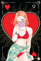 aihara_akito ariona_(new_normal) bare_arms bare_shoulders bead_bracelet beads bikini black_background bob_cut bracelet breasts breasts_apart card card_background contrapposto covered_mouth cropped_legs earrings floating_hair forehead gluteal_fold green_eyes hair_behind_ear heart heart_background highres jewelry leaf_earrings leaf_print midriff moon_(symbol) nail_polish navel new_normal one_eye_closed orange_hair panties radiant_light red_bikini red_panties standing sun_symbol swimsuit tassel thick_thighs thighs towel towel_around_waist underwear upturned_eyes veil
