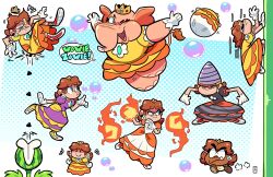 1girl :3 @_@ absurdres alternate_form balloon_daisy brooch brown_hair bubble bubble_daisy chibi clenched_teeth climbing crown daisy_(flower) dress drill_daisy earrings elephant_daisy fang fire fire_daisy fireball floating flower flower_brooch flower_earrings gloves goomba grin highres inflation jewelry joshdamn23 looking_at_viewer mario_(series) medium_hair melon_piranha_plant mini_crown multiple_views nintendo o3o official_alternate_costume one_eye_closed orange_hair pain pink_dress power-up princess_daisy purple_dress pyrokinesis red_footwear seed shoes smile smug sneakers spitting star_(symbol) star_in_eye super_mario_bros._wonder symbol_in_eye teeth transformation two-tone_dress wavy_hair white_dress white_gloves wink yellow_dress