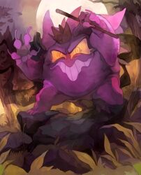 Rule 34 | evil grin, evil smile, full moon, gen 1 pokemon, gengar, grass, grin, highres, holding, king&#039;s rock, moon, nintendo, orange eyes, pokemon, pokemon (creature), pokemon focus, rock, smile, sony-shock, teeth, tree, wand