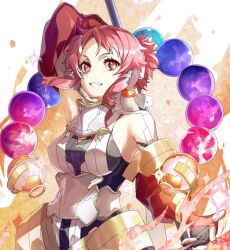1girl armor armpits arms_up black_gloves breastplate gloves hair_ornament hairclip hammer highres holding holding_hammer lisbeth_(sao) looking_at_viewer pink_hair red_eyes short_hair smile sword_art_online weapon yoru_kiri