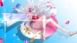 1girl aiming aiming_at_viewer aqua_eyes bare_legs breasts carlotta_(splashing_summer)_(wuthering_waves) carlotta_(wuthering_waves) casual_one-piece_swimsuit commentary feet floating_hair gun holding holding_gun holding_weapon legs long_hair looking_at_viewer medium_breasts official_alternate_costume one-piece_swimsuit open_mouth pink_one-piece_swimsuit rena_(rena_emc2) rifle sandals smile solo swim_ring swimsuit thighs toes very_long_hair weapon white_hair white_sandals wuthering_waves