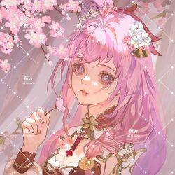 1girl absurdres bell breasts cherry_blossoms chinese_commentary cleavage commentary_request diamond-shaped_pupils diamond_(shape) elysia_(herrscher_of_human:_ego)_(honkai_impact) elysia_(honkai_impact) elysia_(peachy_spring)_(honkai_impact) flower hair_bell hair_flower hair_ornament highres holding holding_flower honkai_(series) honkai_impact_3rd long_hair medium_breasts official_alternate_costume parted_lips pink_hair purple_eyes solo symbol-shaped_pupils upper_body very_long_hair wei_w