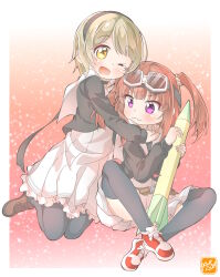 2girls black_choker black_hairband black_thighhighs blonde_hair brown_footwear brown_hair choker cropped_jacket dress fujinomisaki_school_uniform goggles hair_tie hairband highres holding_hands holding_rocket hoshikuzu_telepath hug multiple_girls pantyhose pleated_dress purple_eyes raimon_matataki red_footwear ribbon rocket sailor_collar school_uniform shoes sneakers takaragi_haruno takecho thighhighs white_dress white_sailor_collar yellow_eyes yuri
