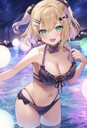 1girl :d =_hair_ornament alternate_costume aria_(ariacue) bare_arms bare_shoulders bikini black_bikini black_bow black_choker blonde_hair blurry blurry_background bow breasts choker cleavage colored_inner_hair commentary cross-laced_bikini cross-laced_clothes double-parted_bangs frilled_choker frills front-tie_bikini_top front-tie_top green_eyes hair_between_eyes hair_bow hair_ornament hairclip halterneck heart heart_hair_ornament highleg highleg_bikini highres kurumi_noah large_breasts looking_at_viewer medium_breasts multi-strapped_bikini_bottom multicolored_hair navel night night_sky open_mouth outdoors purple_hair shooting_star short_hair sky smile solo swimsuit two_side_up virtual_youtuber vspo! wading