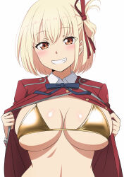 1girl bad_anatomy bad_hands bikini blonde_hair blue_ribbon blush bob_cut breasts clothes_pull gold_bikini grin hair_ribbon highres large_breasts looking_at_viewer lycoris_recoil lycoris_uniform mibushiro neck_ribbon nishikigi_chisato one_side_up open_clothes pulling_own_clothes red_eyes red_ribbon revision ribbon satin_bra short_hair simple_background skindentation small_hands smile solo swimsuit teeth upper_body white_background