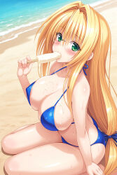 1girl areola_slip beach bikini blonde_hair blue_bikini blue_bow blush bow breasts covered_erect_nipples cygnus_(cygnus7) food food_in_mouth glasses green_eyes hair_bow hair_intakes highres holding holding_food holding_popsicle large_breasts long_hair looking_at_viewer outdoors popsicle popsicle_in_mouth sand sitting solo swimsuit tearju_lunatique thighs to_love-ru to_love-ru_darkness very_long_hair water