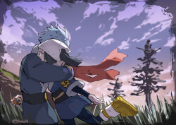 2girls absurdres akanboh akari_(pokemon) black_hair black_pantyhose black_sash black_shirt cloud commentary_request cyllene_(pokemon) floating_scarf headscarf highres hisuian_poke_ball holding holding_poke_ball hug jacket leg_up logo multiple_girls nintendo outdoors pantyhose poke_ball pokemon pokemon_legends:_arceus red_scarf sash scarf shirt shoes skirt sky tree white_headscarf white_headwear