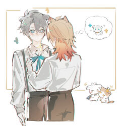 2boys absurdres ahoge alternate_costume animal_ears antenna_hair black_pants blonde_hair blue_eyes blush chibi chinese_commentary collared_shirt commentary_request dog_boy dog_ears gradient_hair highres honkai:_star_rail honkai_(series) iron_hailai long_sleeves looking_at_another male_focus medium_hair multicolored_hair multiple_boys mydei_(honkai:_star_rail) neck_tattoo pants parted_bangs phainon_(honkai:_star_rail) red_hair shirt short_hair spoken_animal sun_symbol sun_tattoo suspenders tan tattoo white_hair white_shirt
