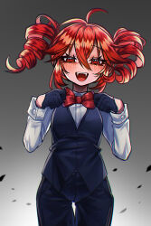 1girl ahoge alternate_costume black_background black_gloves black_jacket blush bow bowtie cowboy_shot double-parted_bangs drill_hair fangs flat_chest formal_clothes gloves hair_between_eyes jacket kakosa_sama kasane_teto looking_at_viewer open_mouth pant_suit pants red_bow red_bowtie red_hair shirt solo suit suit_jacket tongue twin_drills utau vampire white_background white_shirt
