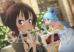 2girls anime_coloring aqua_(konosuba) bare_shoulders black_dress black_hair blue_eyes blue_hair blush breasts cake chocolate_cake choker closed_mouth collarbone detached_sleeves dress eating food fork hair_between_eyes hair_ornament hair_rings holding holding_cake holding_food holding_fork holding_plate jewelry kikuta_kouichi kono_subarashii_sekai_ni_shukufuku_wo! large_breasts long_hair long_sleeves looking_at_viewer megumin multiple_girls necklace off-shoulder_dress off_shoulder official_art open_mouth plate ponytail short_hair sidelocks simple_background single_hair_ring small_breasts tsurime v-shaped_eyebrows white_dress