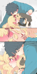1boy 1girl azumi_(myameco) black_hair blonde_hair blue_eyes blush character_doll command_spell commentary_request doll ear_blush ereshkigal_(fate) fate/grand_order fate_(series) fujimaru_ritsuka_(male) hair_ribbon heart hetero long_hair lying on_side red_eyes red_ribbon ribbon short_hair