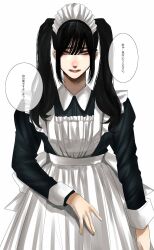 adjusting_clothes apron black_hair black_nails blush breasts gunjyou_(gunjyou_00) highres large_breasts lipstick looking_at_viewer looking_down maid maid_apron maid_headdress makeup mature_female mole mole_under_eye nail_polish non-web_source original shy speech_bubble tagme twintails