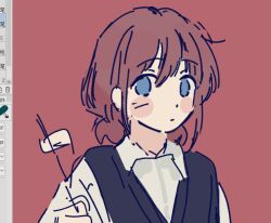 Rule 34 | 1girl, art program in frame, black sweater vest, blue eyes, brown hair, girls band cry, iseri nina, low twintails, purecyan, red background, shirt, short hair, short twintails, simple background, solo, sweater vest, twintails, white shirt