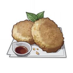 artist_request bowl commentary english_commentary food food_focus game_cg genshin_impact hash_browns jam leaf lowres muted_color napkin no_humans official_art simple_background still_life third-party_source transparent_background