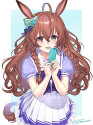 1girl ? ahoge blush braid breasts brown_eyes brown_hair collarbone commentary_request hair_between_eyes hair_ornament highres holding horse_girl long_hair looking_at_viewer medium_breasts mejiro_bright_(umamusume) misomi_miso ribbon school_uniform side_braids simple_background solo textless_version tracen_school_uniform umamusume
