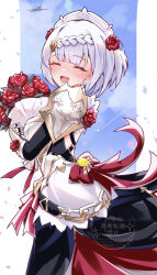 1girl :d armor armored_dress blue_sky blush bouquet braid braided_bangs closed_eyes day dress facing_viewer flower from_side gauntlets genshin_impact hair_flower hair_ornament highres holding holding_bouquet layered_dress maid_headdress medium_hair noelle_(genshin_impact) open_mouth outdoors pauldrons red_flower red_rose rose shoulder_armor signature single_braid sky smile solo tsukine122 watermark white_hair