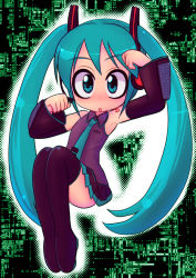 1girl black_boots blue_eyes blue_hair boots female_focus hatsune_miku long_hair matching_hair/eyes microphone necktie skirt solo thighhighs torotei twintails vocaloid yamaha