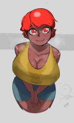 1girl among_us among_us_eyes_(meme) bandages breasts cleavage cropped_legs dark_skin highres krekkov large_breasts looking_at_viewer making-of_available medium_hair meme red_(among_us) red_hair short_hair skirt standing sweat tank_top