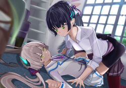 2girls black_hair blunt_bangs green_eyes heaven_burns_red highres horns indoors leg_lock lilyhoney long_hair lying multiple_girls natsume_inori neck_ribbon ogasawara_hisame pinned ponytail ribbon robe shirt skirt twintails white_hair white_shirt yellow_eyes yuri