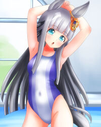 1girl alternate_costume animal_ears armpits blue_eyes blunt_bangs blush breasts chrono_genesis_(umamusume) collarbone commentary_request competition_swimsuit covered_navel groin hair_between_eyes hair_ornament highres horse_ears horse_girl horse_tail looking_at_viewer me2o one-piece_swimsuit pool presenting_armpit school_uniform small_breasts solo swimsuit tail umamusume window