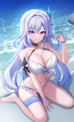 1girl absurdres alternate_costume bare_shoulders bikini breasts cleavage closed_mouth collarbone commentary_request fingernails genshin_impact hair_between_eyes hand_in_own_hair hand_up highres large_breasts long_hair looking_at_viewer mole navel red_eyes side-tie_bikini_bottom sitting skirk_(genshin_impact) solo stomach swimsuit very_long_hair water white_bikini white_hair yukiunag1