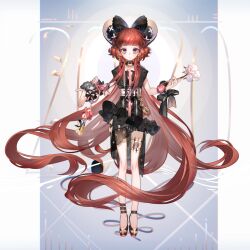 1girl absurdres belt black_bow black_choker black_dress black_eyes black_shoes bow choker closed_mouth commentary_request dress earrings flower frilled_dress frills full_body hair_bow highres holding holding_flower jewelry k_ototo long_hair looking_at_viewer mouse_(animal) original red_flower red_hair red_rose rose shoes sleeveless sleeveless_dress solo star_(symbol) star_earrings very_long_hair white_belt