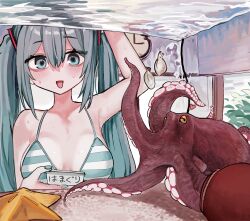1girl aqua_eyes aqua_hair aqua_nails arm_up bikini blush breasts commentary_request fish_tank hair_between_eyes hatsune_miku highres long_hair looking_at_viewer medium_breasts microa nail_polish octopus open_mouth solo starfish striped_bikini striped_clothes sweat swimsuit twintails upper_body vocaloid