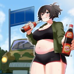 1girl alternate_hairstyle amogan black_shorts black_sports_bra blue_eyes blue_sky bottle breasts brown_hair camouflage car cleavage cloud cloudy_sky cola commentary commission day dolphin_shorts emblem english_commentary girls_und_panzer green_shirt grin hair_up hida_ema highres holding holding_bottle kuromorimine_(emblem) large_breasts long_sleeves looking_at_viewer micro_shorts motor_vehicle navel open_clothes open_shirt outdoors pixiv_commission plump ponytail shirt short_hair short_ponytail shorts sky smile soda_bottle solo sports_bra standing sweat thick_thighs thighs