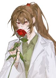 1girl akmisss00 arm_up bandaged_arm bandages bear_hair_ornament blood bloody_bandages brown_hair carmen_(project_moon) coat collared_shirt double-parted_bangs flower green_shirt hair_between_eyes hair_ornament high_ponytail highres holding holding_flower lobotomy_corporation looking_at_object ponytail project_moon red_eyes red_flower red_rose rose shirt smelling smelling_flower smile solo upper_body white_background white_coat