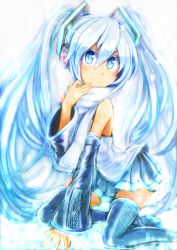 1girl blue_eyes blue_hair blush detached_sleeves female_focus hatsune_miku headphones long_hair matching_hair/eyes saltydanshark skirt smile solo twintails very_long_hair vocaloid