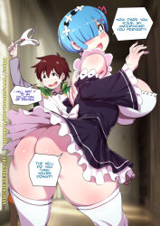 Rule 34 | 1boy, 1girl, arched back, artist name, ass, assisted exposure, black dress, blue eyes, blue hair, blunt bangs, blurry, blurry background, bokuman, boots, bow, bow panties, breasts, brown footwear, brown hair, capelet, censored, censored by text, clothes theft, commentary, convenient censoring, day, detached sleeves, dress, english commentary, english text, frilled sleeves, frills, from behind, green capelet, green eyes, grey shirt, hair between eyes, hair ornament, hair over one eye, holding, holding panties, holding underwear, holding unworn clothes, indoors, isekai quartet, kono subarashii sekai ni shukufuku wo!, large breasts, leaning forward, looking back, looking up, no panties, open mouth, panties, patreon username, pervert, petticoat, re:zero kara hajimeru isekai seikatsu, rem (re:zero), satou kazuma, shirt, shoulder blades, standing, sunlight, theft, thighhighs, thighs, twisted torso, underwear, underwear theft, watermark, web address, white panties, white shirt, wide sleeves, wind, wind lift, x hair ornament