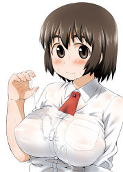 1girl aru_ra_une ayase_fuuka blush breasts brown_eyes brown_hair cum cum_in_mouth cum_on_body cum_on_breasts cum_on_clothes cum_on_upper_body eyebrows female_focus highres large_breasts nipples school_uniform see-through_clothes short_hair sleeves_rolled_up solo thick_eyebrows yotsubato!