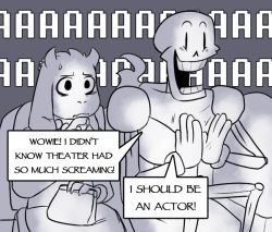1boy 1girl animal_ears bag bags_under_eyes black_eyes chair clapping comic english_text finger_to_mouth furry goat_ears handbag horns jewelry koalacola monochrome monster_girl necklace papyrus_(undertale) pearl_necklace purple_theme scarf screaming skeleton smile sweatdrop theater toriel undertale