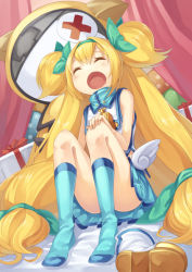 Rule 34 | 1girl, ankle boots, blazblue, blonde hair, boots, character doll, convenient leg, doll, female focus, gurasion (gurasion), jubei (blazblue), long hair, platinum the trinity, ribbon, shoes, socks, solo, twintails, unworn boots, unworn shoes, very long hair, white footwear, yawning