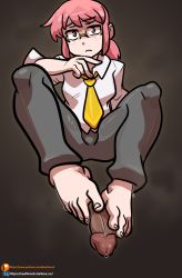 Rule 34 | 1girl, artist name, barefoot, black background, feet, flat chest, footjob, glasses, highres, kobayashi-san chi no maidragon, kobayashi (maidragon), matching hair/eyes, necktie, pants, penis, ponytail, reathroch, red eyes, red hair, simple background, toenails, toes, uncensored