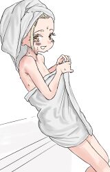 Rule 34 | 1girl, absurdres, after bathing, blonde hair, eyelashes, forehead, gakuen idolmaster, highres, idolmaster, nahari (pfum4557), naked towel, shinosawa hiro, simple background, thick eyelashes, towel, towel on head, wet, white background, yellow eyes