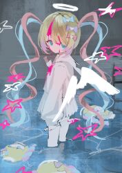 1girl blonde_hair blood blood_in_hair blood_on_clothes blood_on_face bloody_knife blue_eyes blue_hair bow caustics character_doll chouzetsusaikawa_tenshi-chan colored_tips cowboy_shot doll hair_bow halo highres holding holding_knife knife knife_in_chest light_reflection_(water) looking_at_viewer looking_back low_wings mika3kami multicolored_hair multiple_hair_bows multiple_views needy_girl_overdose pink_hair pool pool_ladder quad_tails school_uniform serafuku solo stab standing star_(symbol) tile_floor tiles wading white_serafuku white_wings wings